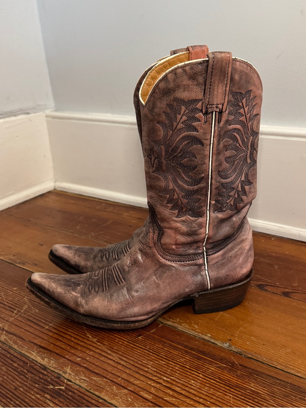 Stetson Brown Leather Distressed Embroidered Snip Toe Cowboy Western Boots W 7 - Picture 4 of 14